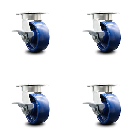 Service Caster 5 Inch Kingpinless Solid Poly Wheel Swivel Caster Set with Brakes SCC-KP30S520-SPUR-SLB-4